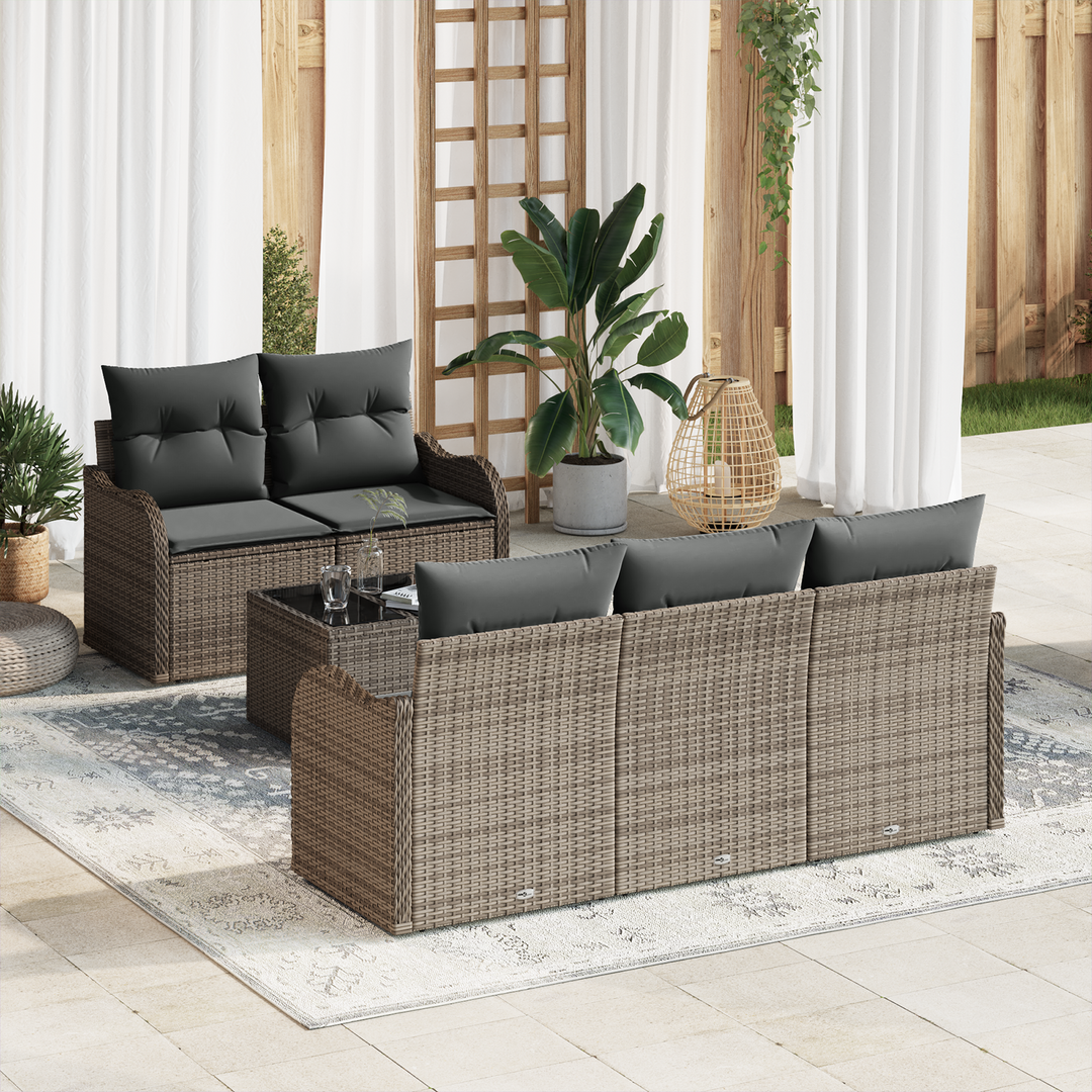 Havesofa Sæt med pude 6 pcs Grå Polyrattan og stål og glas