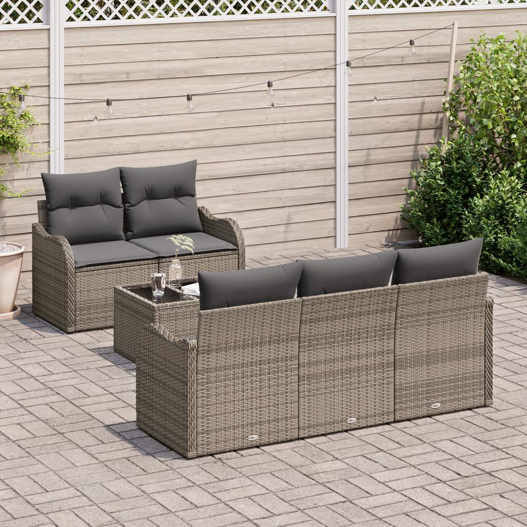 Havesofa Sæt med pude 6 pcs Grå Polyrattan og stål og glas
