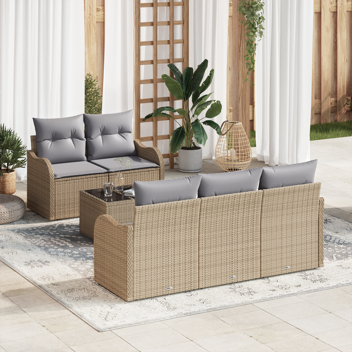 Havesofa Sæt 6 pcs Beige og grå Polyrattan og stål og glas