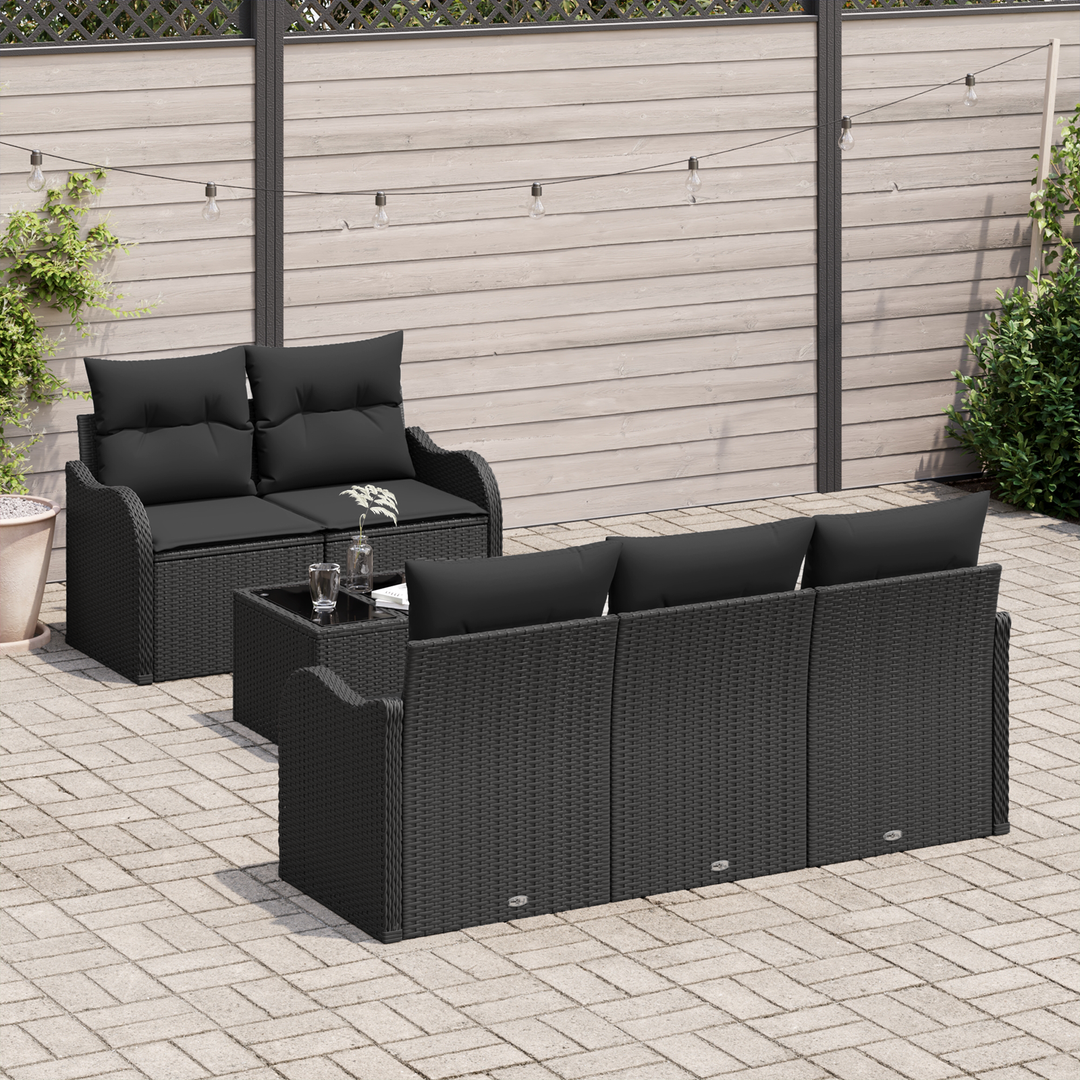 Havesofa Sæt med pude 6 pcs Sort Polyrattan og stål og glas