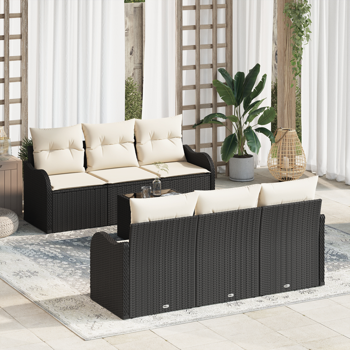 Havesofa Sæt 7 pcs Sort og Cream Poly Rattan og Stål og Glas
