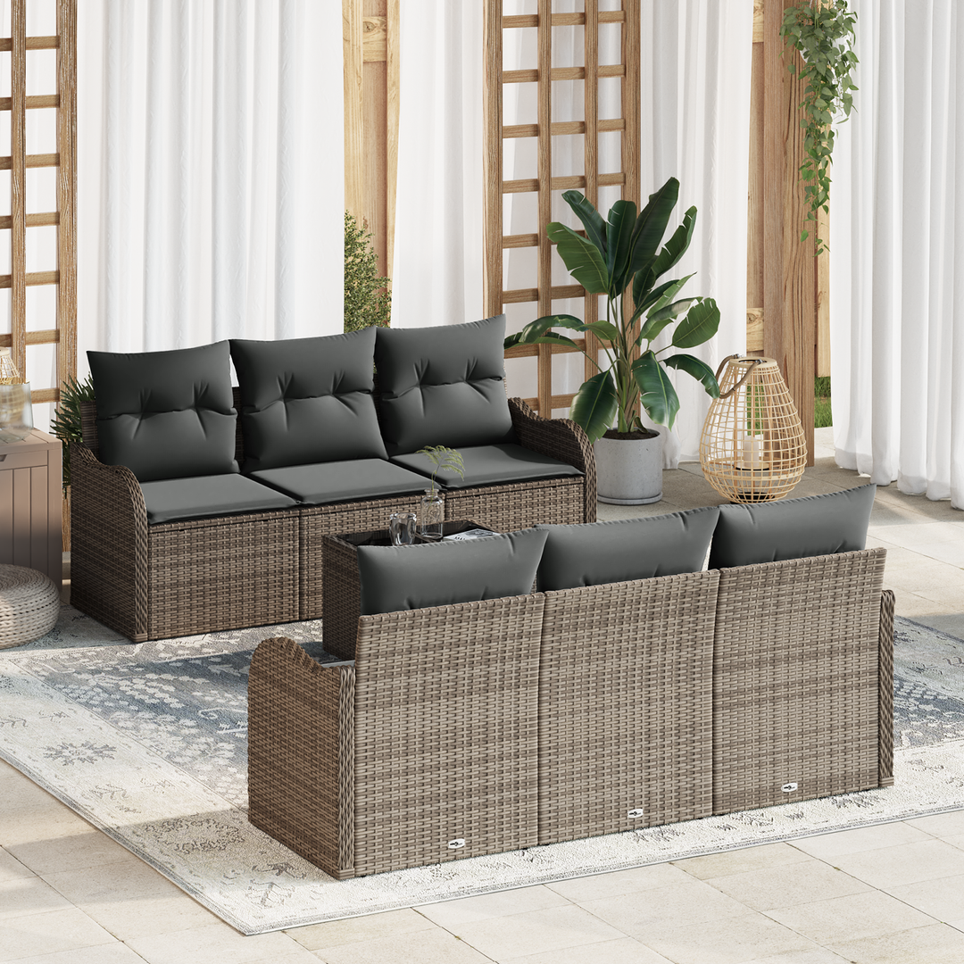Havesofa Sæt med pude 7 pcs Grå Poly Rattan og Stål og Glas