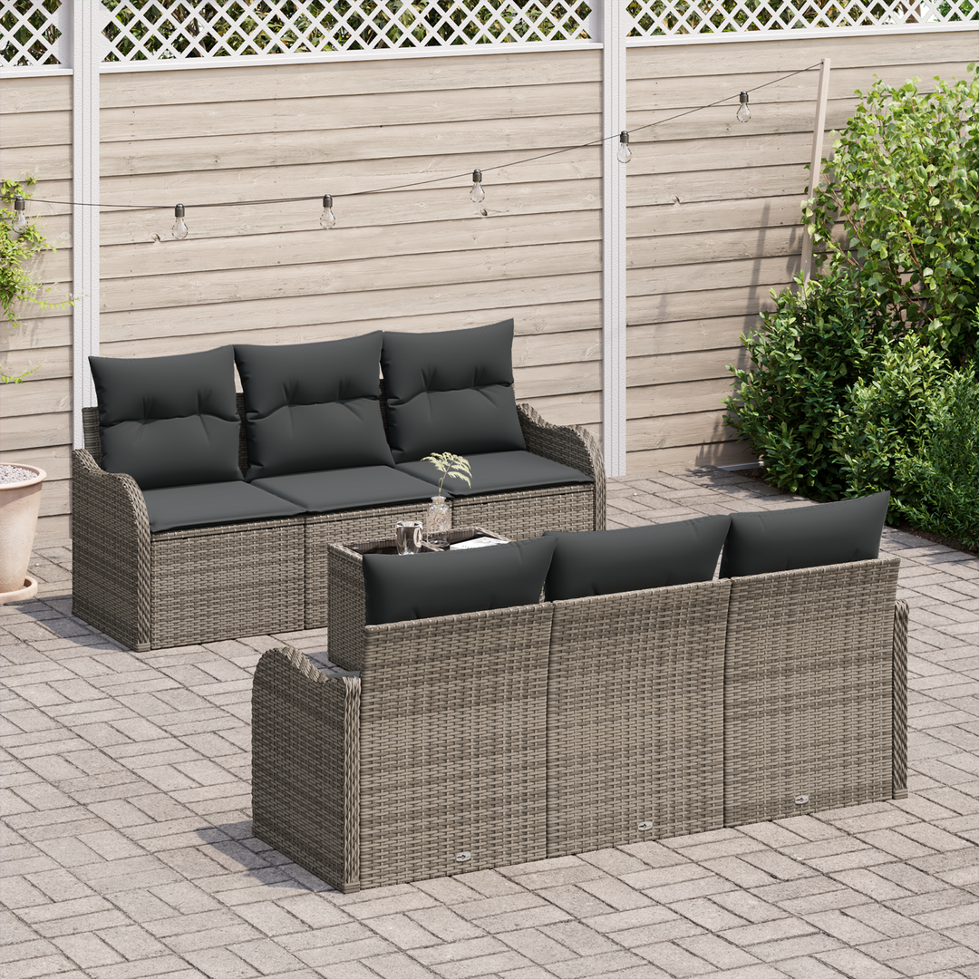 Havesofa Sæt med pude 7 pcs Grå Poly Rattan og Stål og Glas