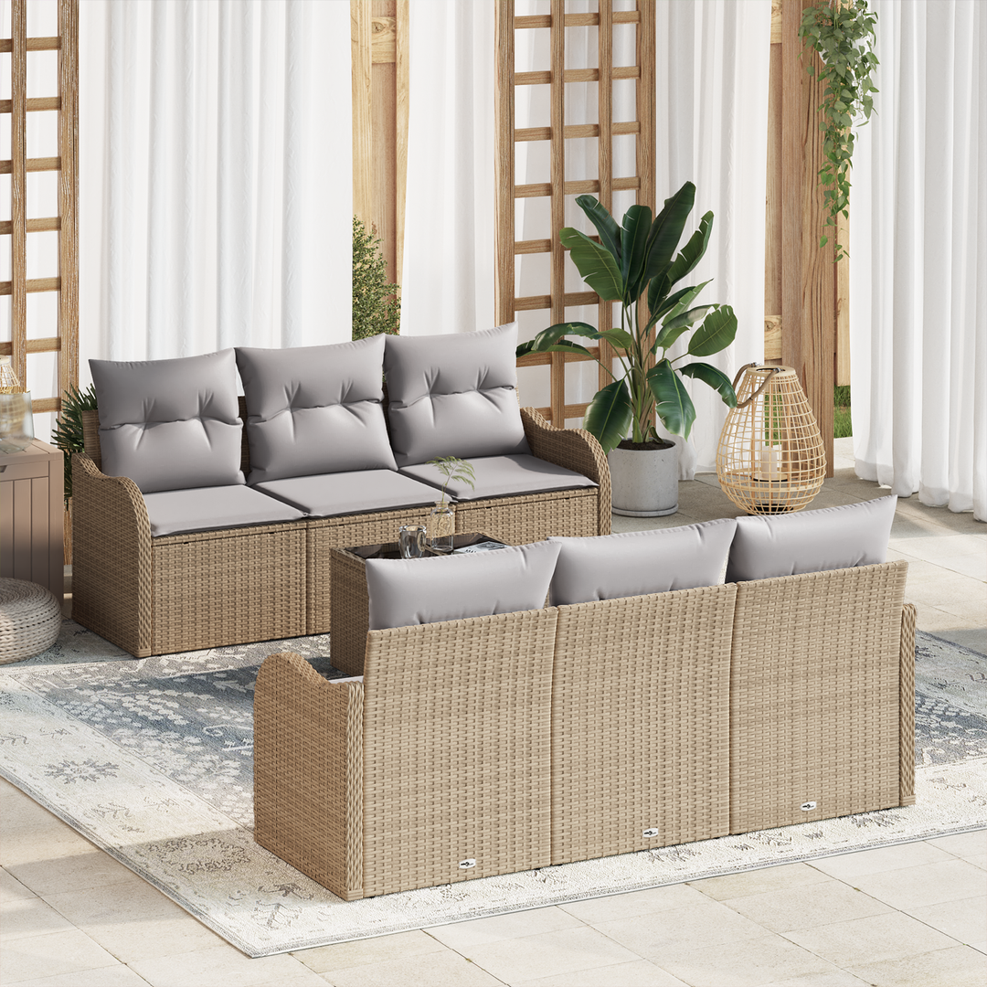 Havesofa Sæt 7 pcs Beige og grå Poly Rattan og Stål og Glas