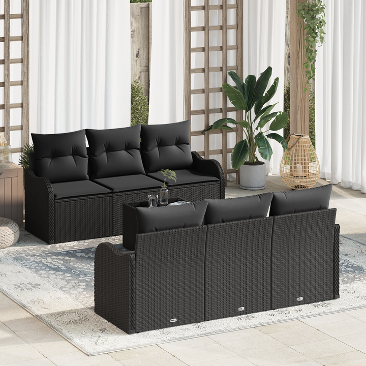Havesofa Sæt med pude 7 pcs Sort Poly Rattan og Stål og Glas