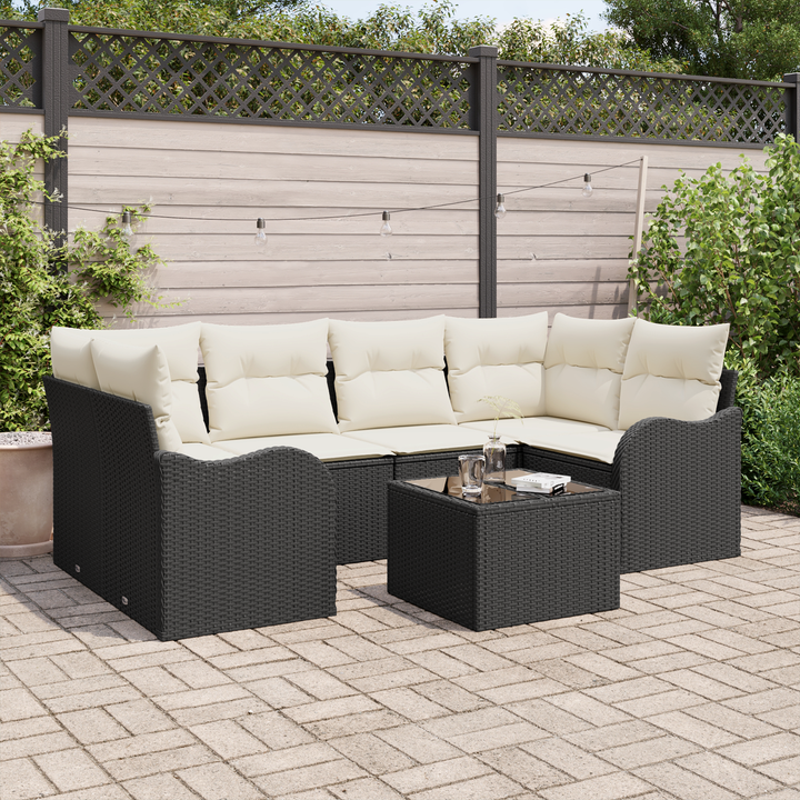 Havesofa Sæt 7 pcs Sort og Cream Polyrattan og stål og glas