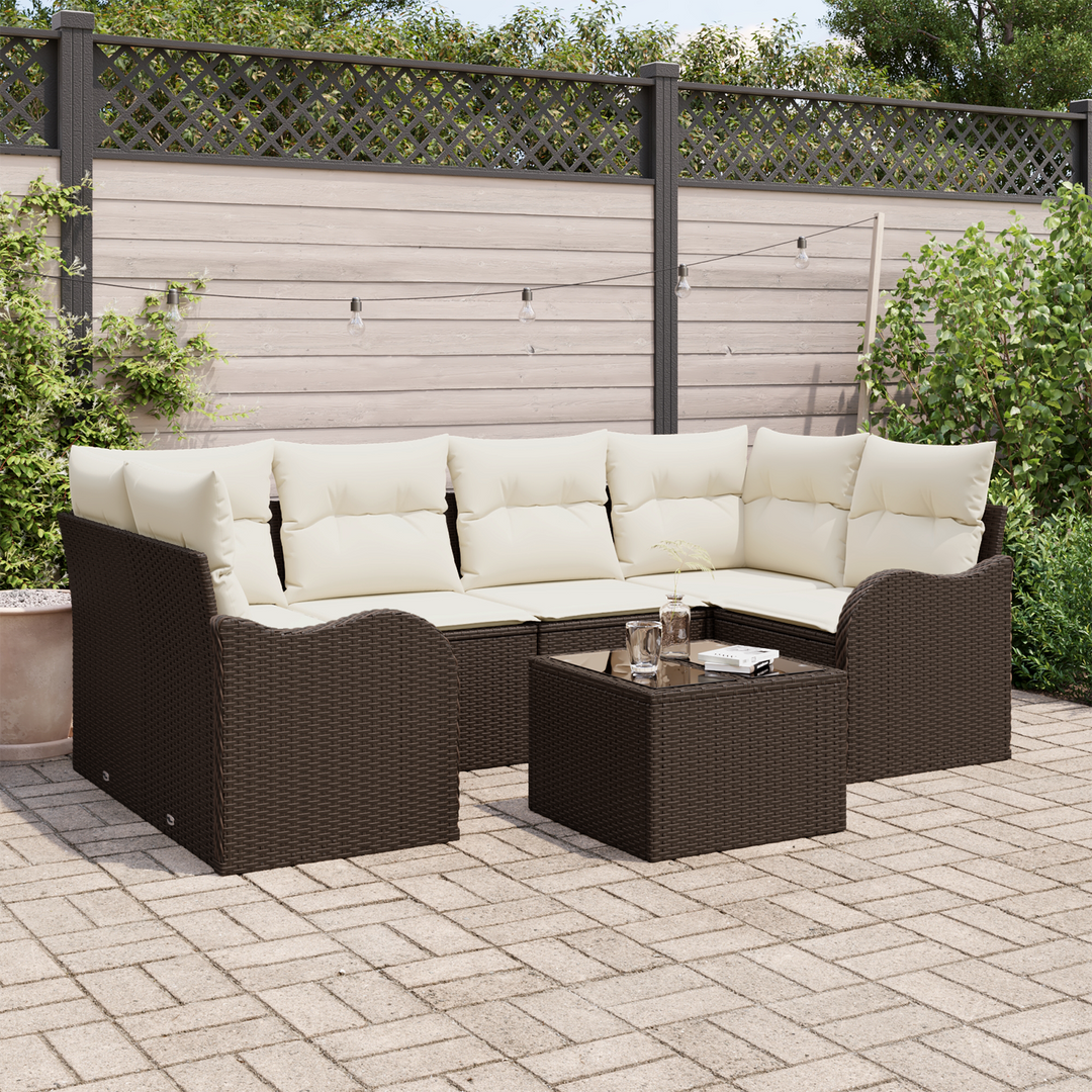 Havesofa Sæt 7 pcs Brun og Creme Polyrattan og stål og glas