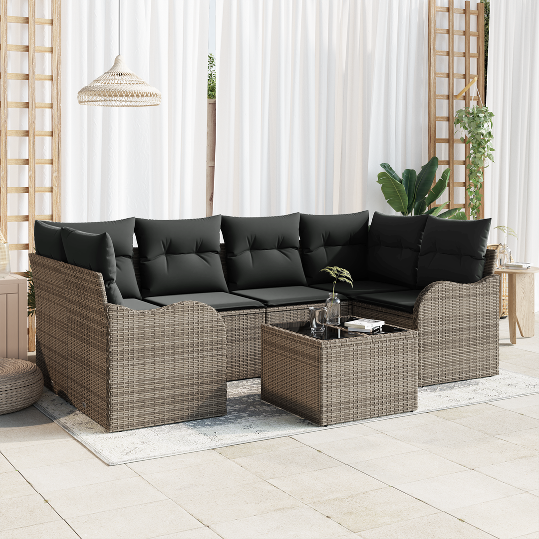 Havesofa Sæt med pude 7 pcs Grå Polyrattan og stål og glas