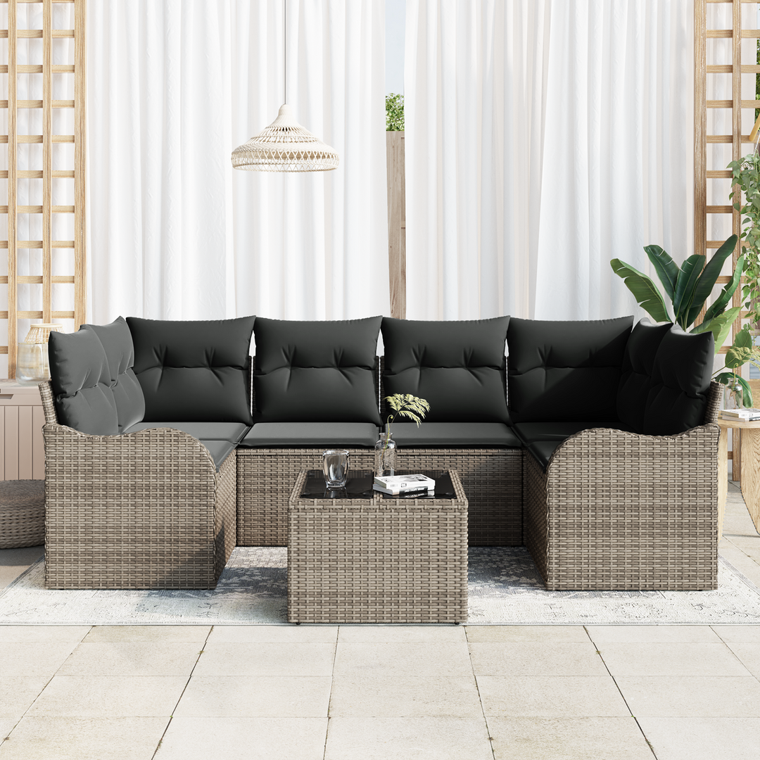 Havesofa Sæt med pude 7 pcs Grå Polyrattan og stål og glas