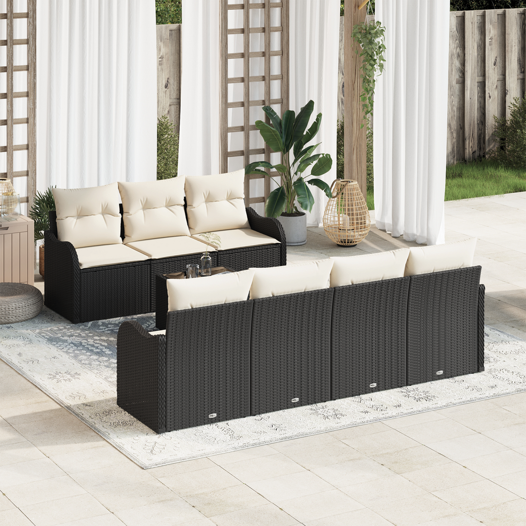 Havesofa Sæt 8 pcs Sort og Cream Poly Rattan og Stål og Glas