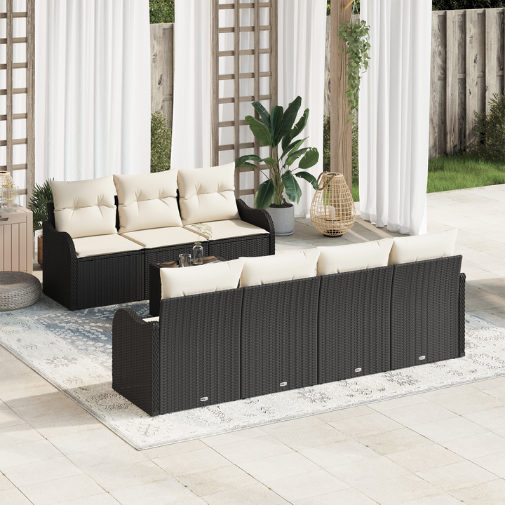 Havesofa Sæt 8 pcs Sort og Cream Poly Rattan og Stål og Glas