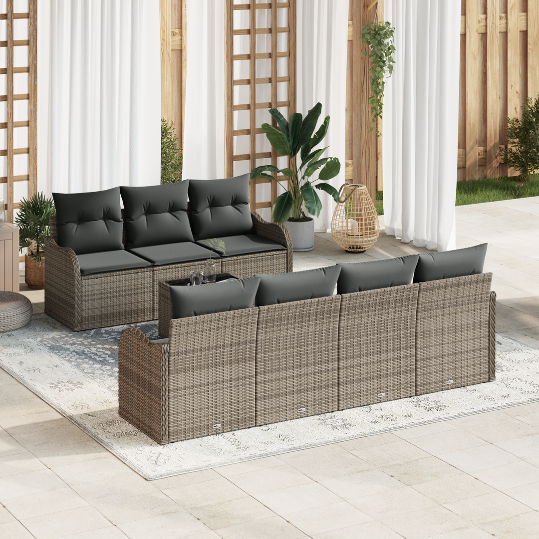 Havesofa Sæt med pude 8 pcs Grå Poly Rattan og Stål og Glas