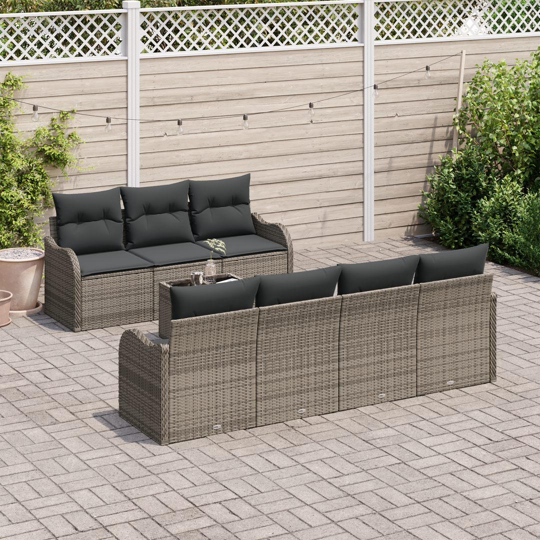 Havesofa Sæt med pude 8 pcs Grå Poly Rattan og Stål og Glas