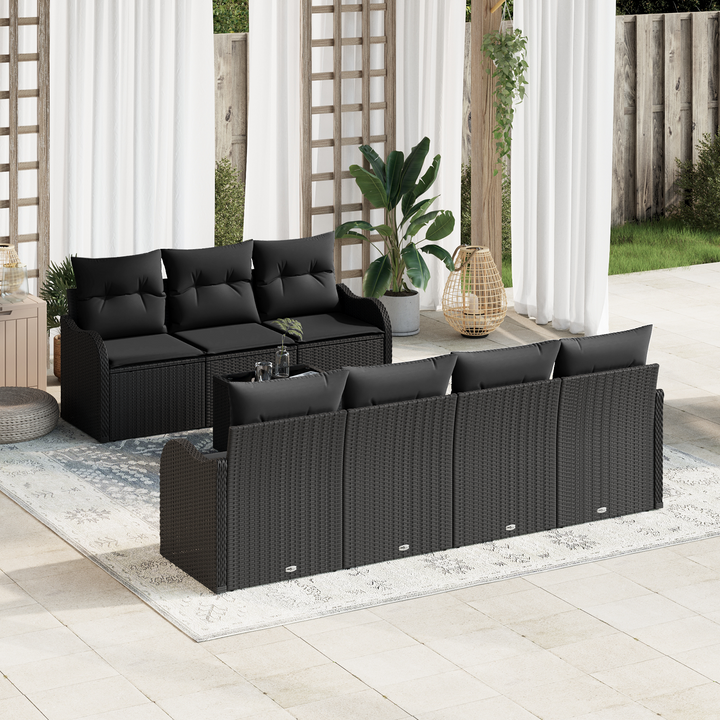 Havesofa Sæt med pude 8 pcs Sort Poly Rattan og Stål og Glas