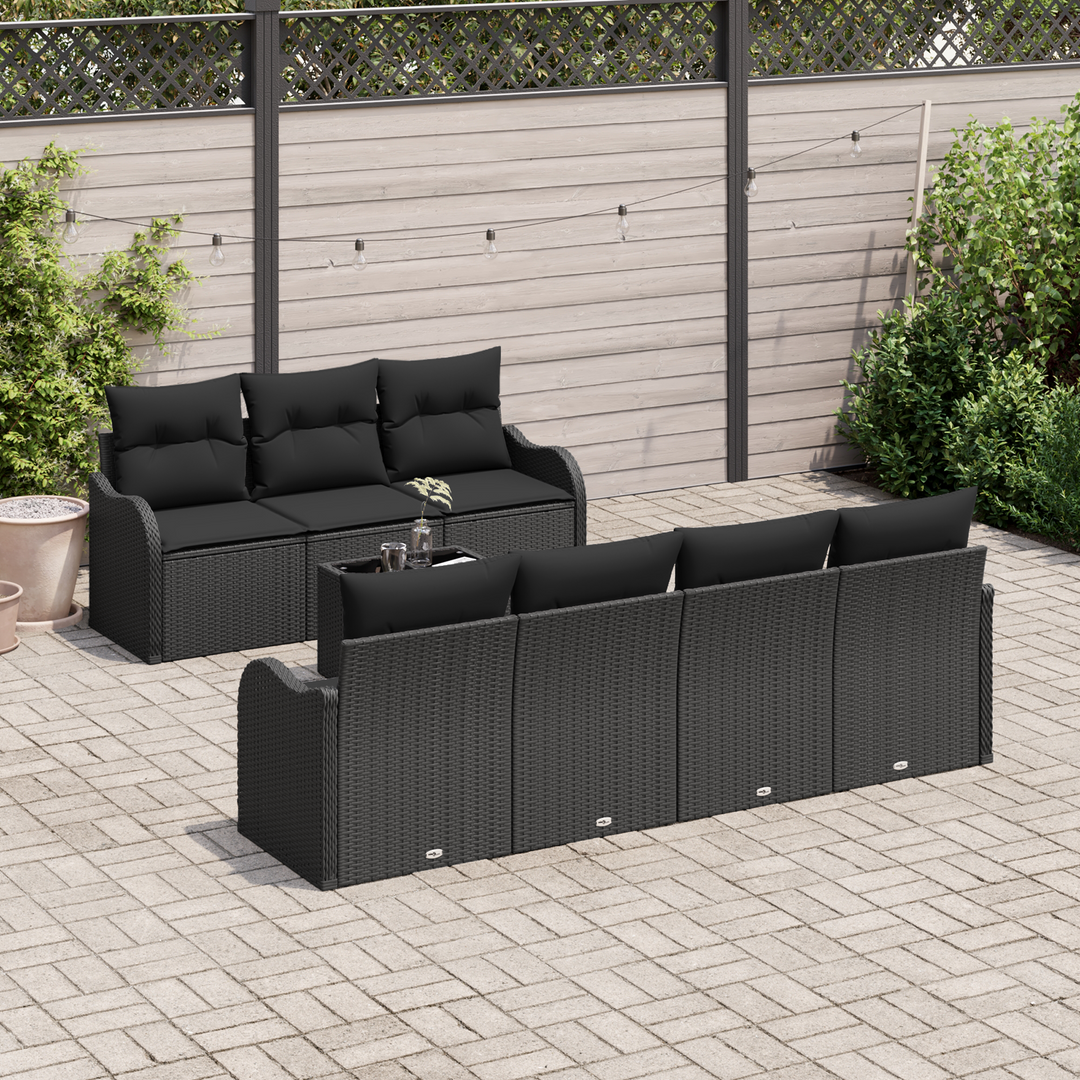 Havesofa Sæt med pude 8 pcs Sort Poly Rattan og Stål og Glas