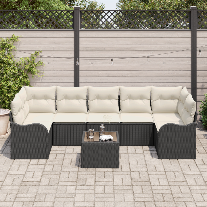 Havesofa Sæt 8 pcs Sort og Cream Poly Rattan og Stål og Glas