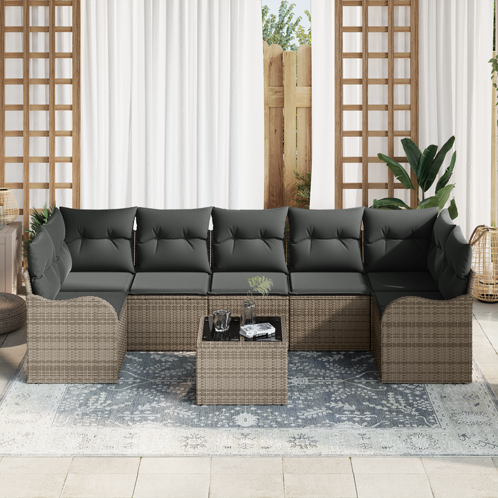 Havesofa Sæt med pude 8 pcs Grå Poly Rattan og Stål og Glas