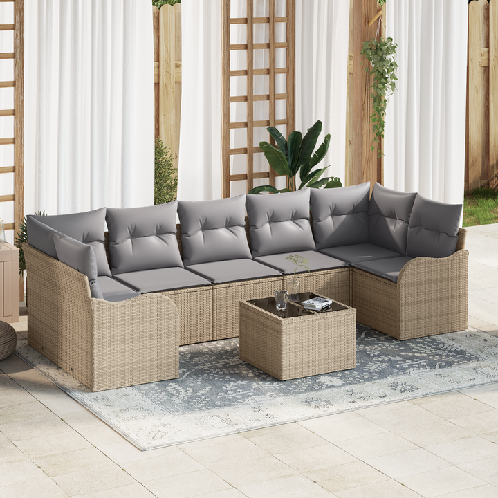 Havesofa Sæt 8 pcs Beige og grå Poly Rattan og Stål og Glas