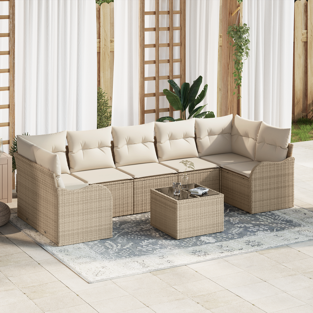 Havesofa Sæt 8 pcs Beige og creme Poly Rattan og Stål og Glas