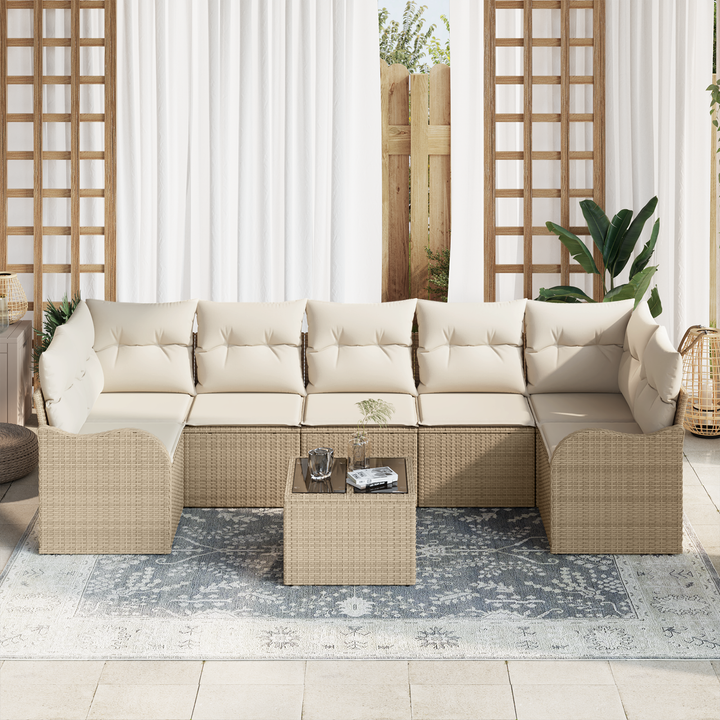 Havesofa Sæt 8 pcs Beige og creme Poly Rattan og Stål og Glas
