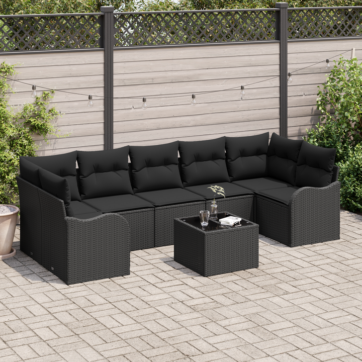 Havesofa Sæt med pude 8 pcs Sort Poly Rattan og Stål og Glas