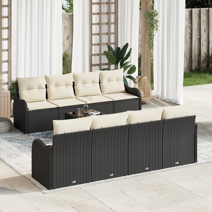 Havesofa Sæt 9 pcs Sort og Cream Poly Rattan og Stål og Glas