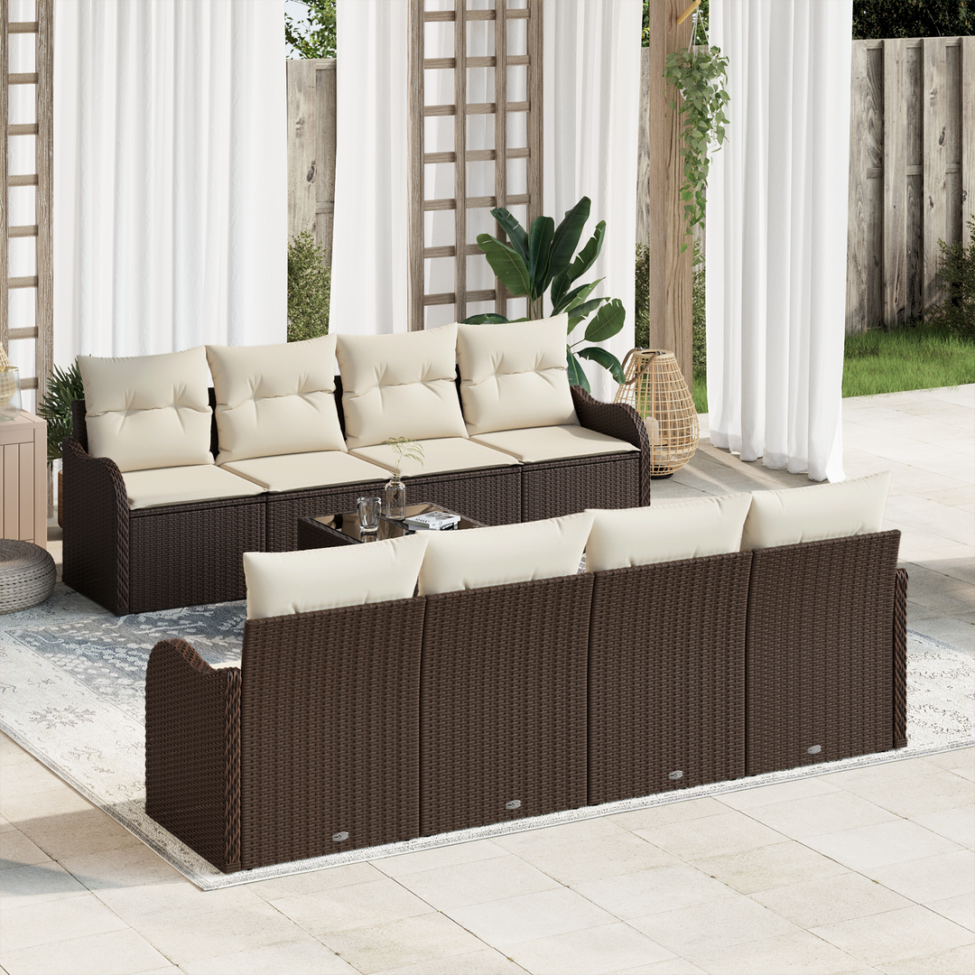 Havesofa Sæt 9 pcs Brun og Creme Poly Rattan og Stål og Glas