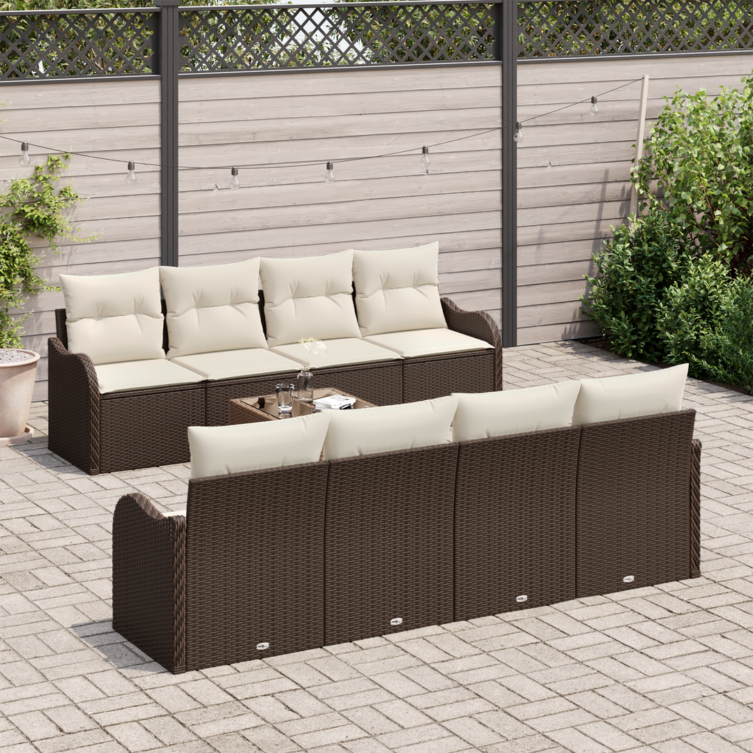 Havesofa Sæt 9 pcs Brun og Creme Poly Rattan og Stål og Glas