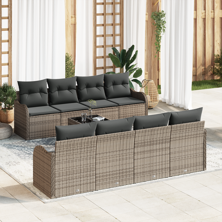 Havesofa Sæt med pude 9 pcs Grå Poly Rattan og Stål og Glas