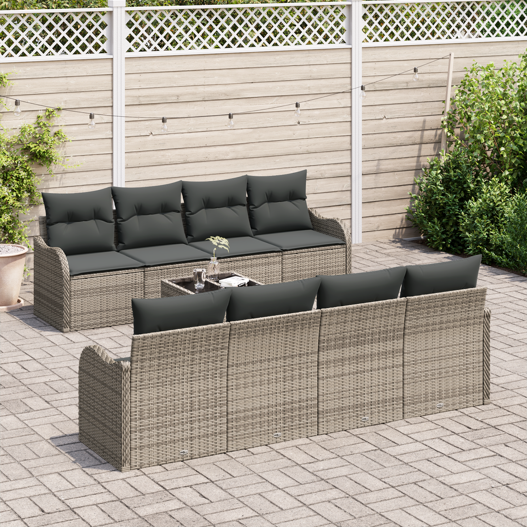Havesofa Sæt med pude 9 pcs Grå Poly Rattan og Stål og Glas