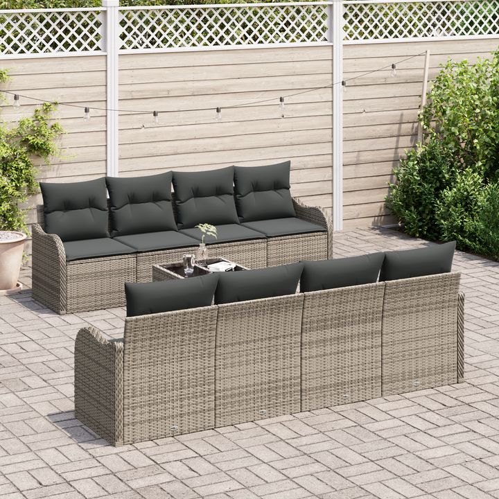 Havesofa Sæt med pude 9 pcs Grå Poly Rattan og Stål og Glas