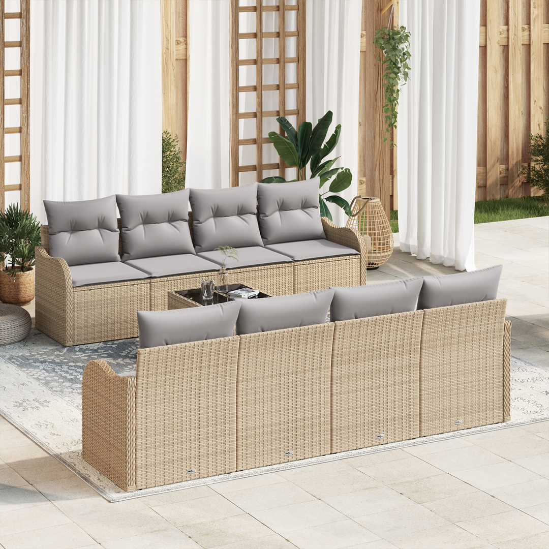 Havesofa Sæt 9 pcs Beige og grå Poly Rattan og Stål og Glas