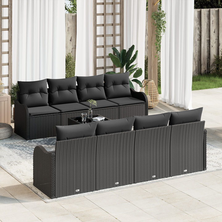 Havesofa Sæt med pude 9 pcs Sort Poly Rattan og Stål og Glas