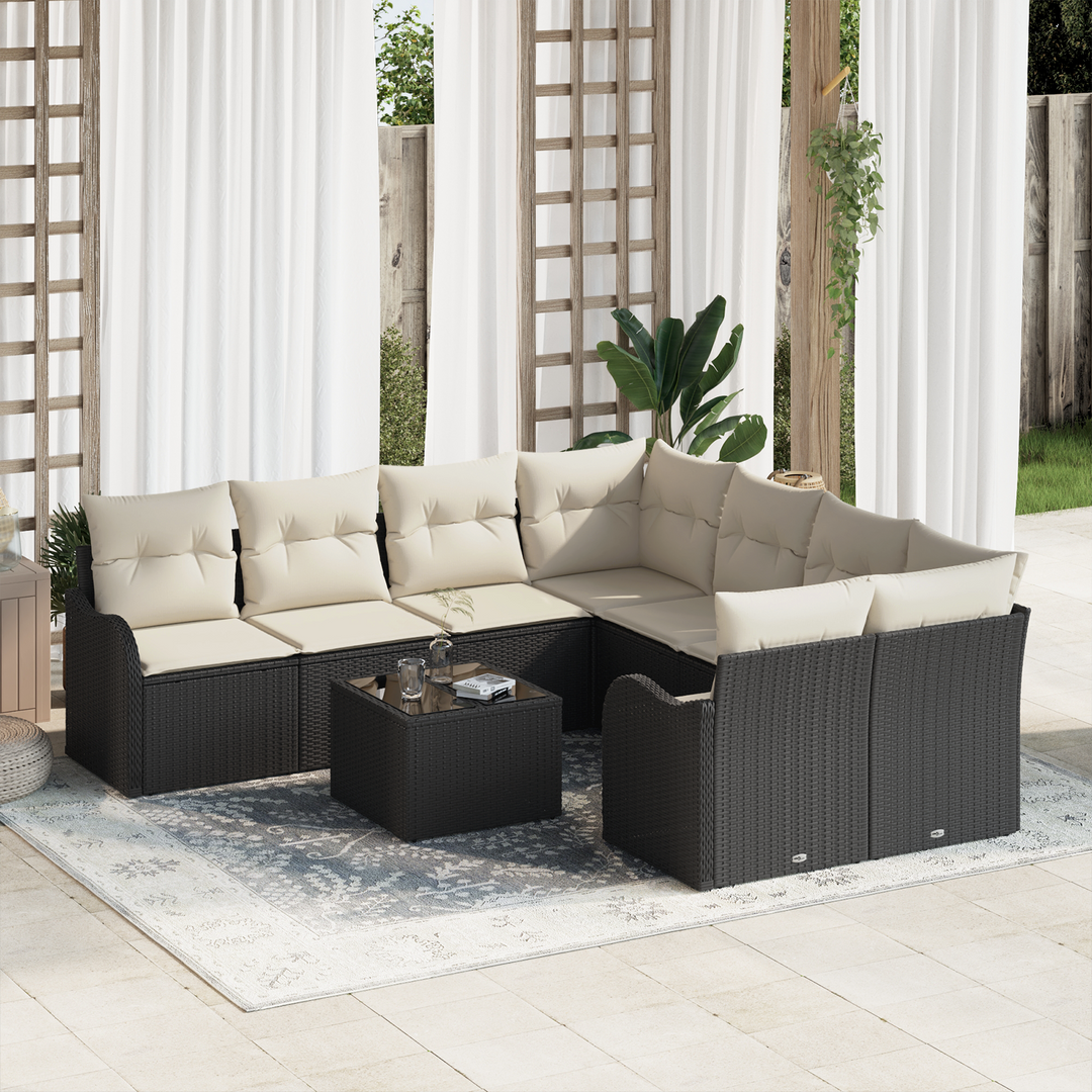 Havesofa Sæt 9 pcs Sort og Cream Poly Rattan og Stål og Glas
