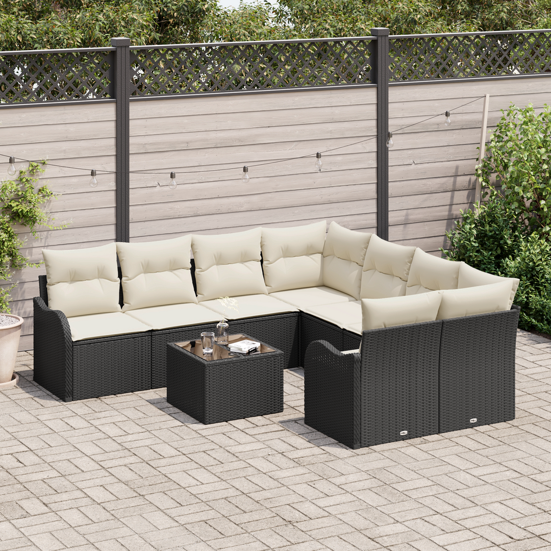 Havesofa Sæt 9 pcs Sort og Cream Poly Rattan og Stål og Glas