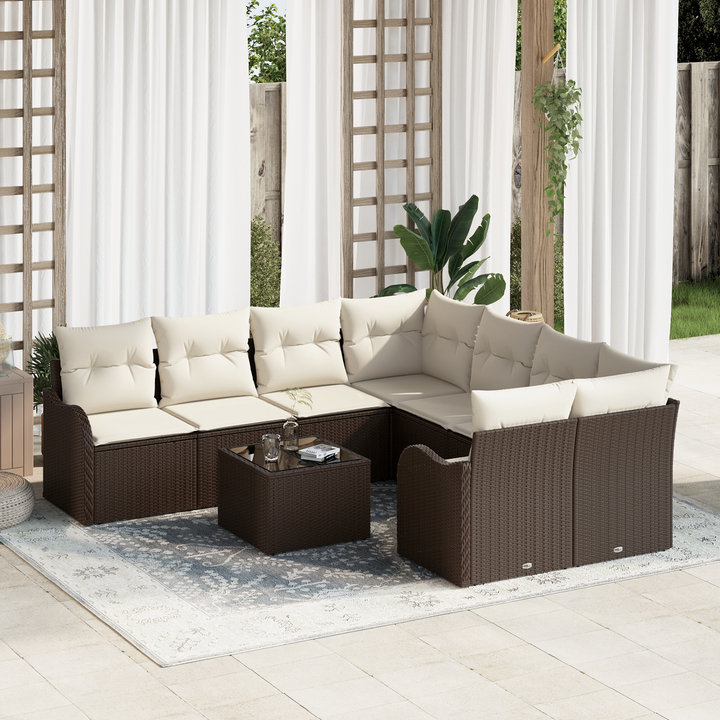 Havesofa Sæt 9 pcs Brun og Creme Poly Rattan og Stål og Glas