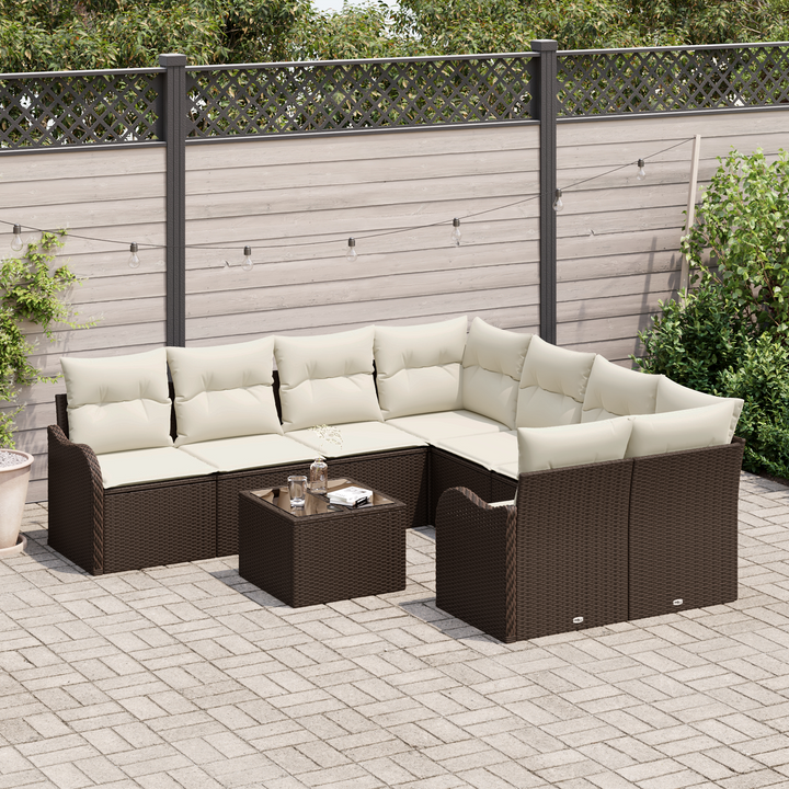 Havesofa Sæt 9 pcs Brun og Creme Poly Rattan og Stål og Glas