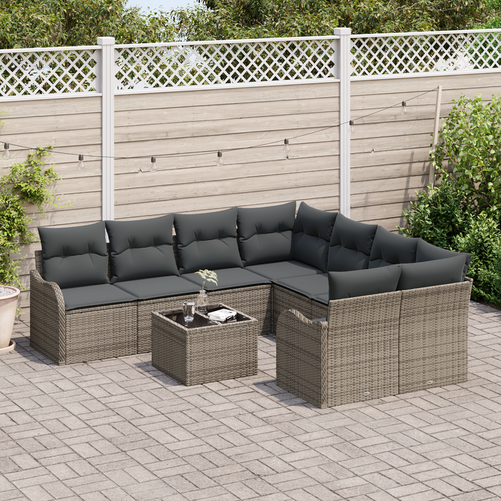 Havesofa Sæt med pude 9 pcs Grå Poly Rattan og Stål og Glas
