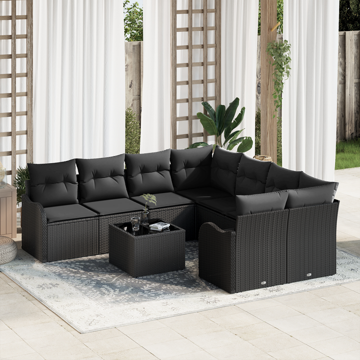 Havesofa Sæt med pude 9 pcs Sort Poly Rattan og Stål og Glas