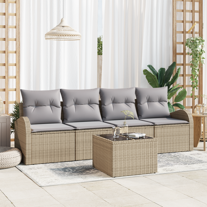 Havesofa Sæt med opbevaring 5 pcs Beige og grå polyrattan