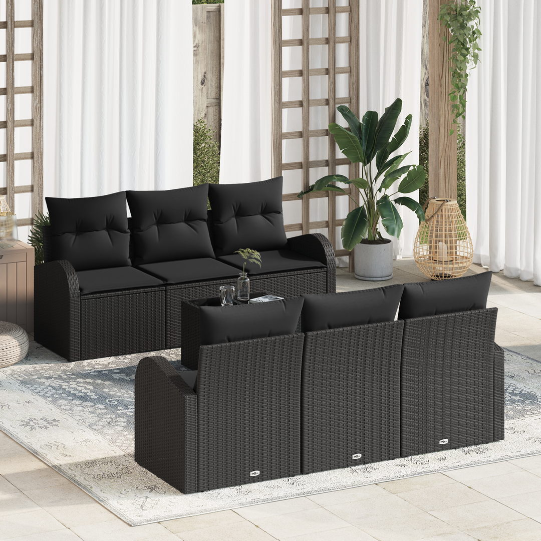 Havesofa Sæt med opbevaring med pude 7 pcs Sort polyrattan