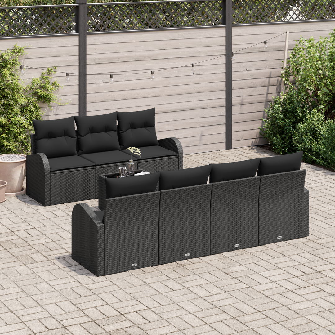 Havesofa Sæt med pude 8 pcs Sort Polyrattan og stål og glas