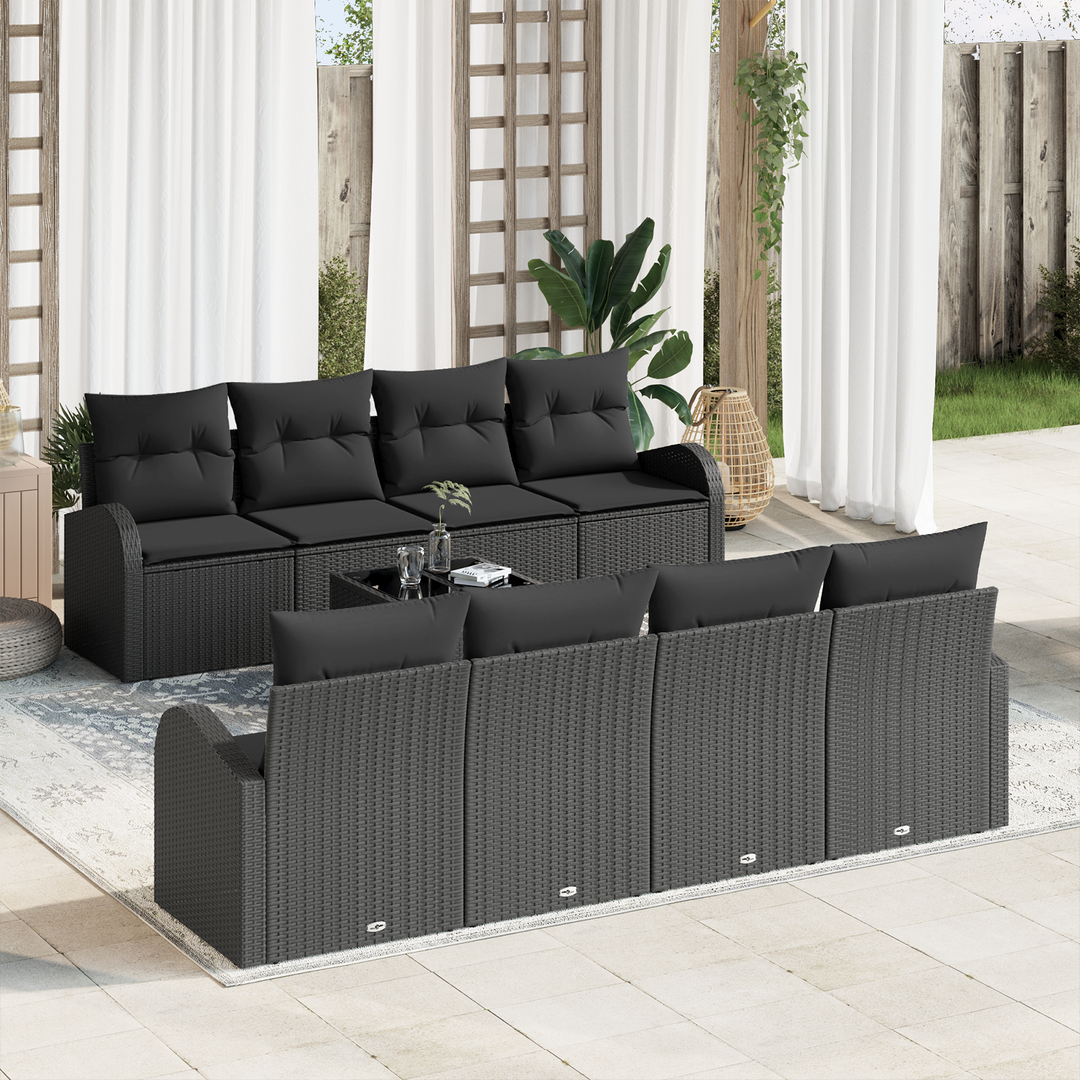 Havesofa Sæt med opbevaring med pude 9 pcs Sort polyrattan
