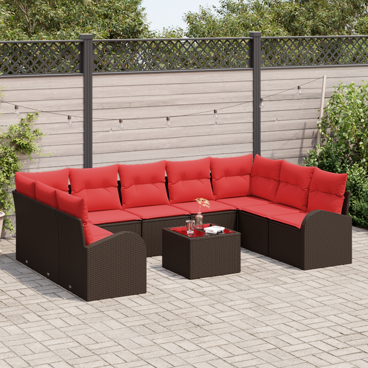 Havesofa Sæt med pude 10 pcs Brun og Rød polyrattan