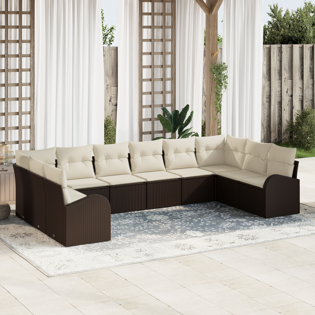 Havesofa Sæt med pude 10 pcs Brun og hvid polyrattan