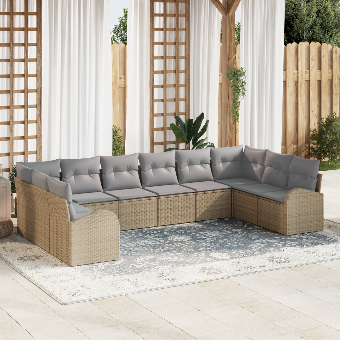Havesofa Sæt med pude 10 pcs Beige og lys grå polyrattan