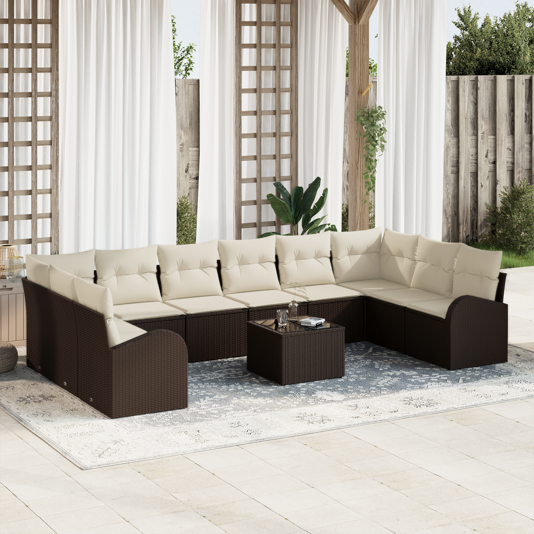 Havesofa Sæt med pude 11 pcs Brun og Creme polyrattan