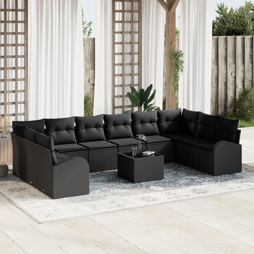 Havesofa Sæt med pude med opbevaring 11 pcs Sort polyrattan