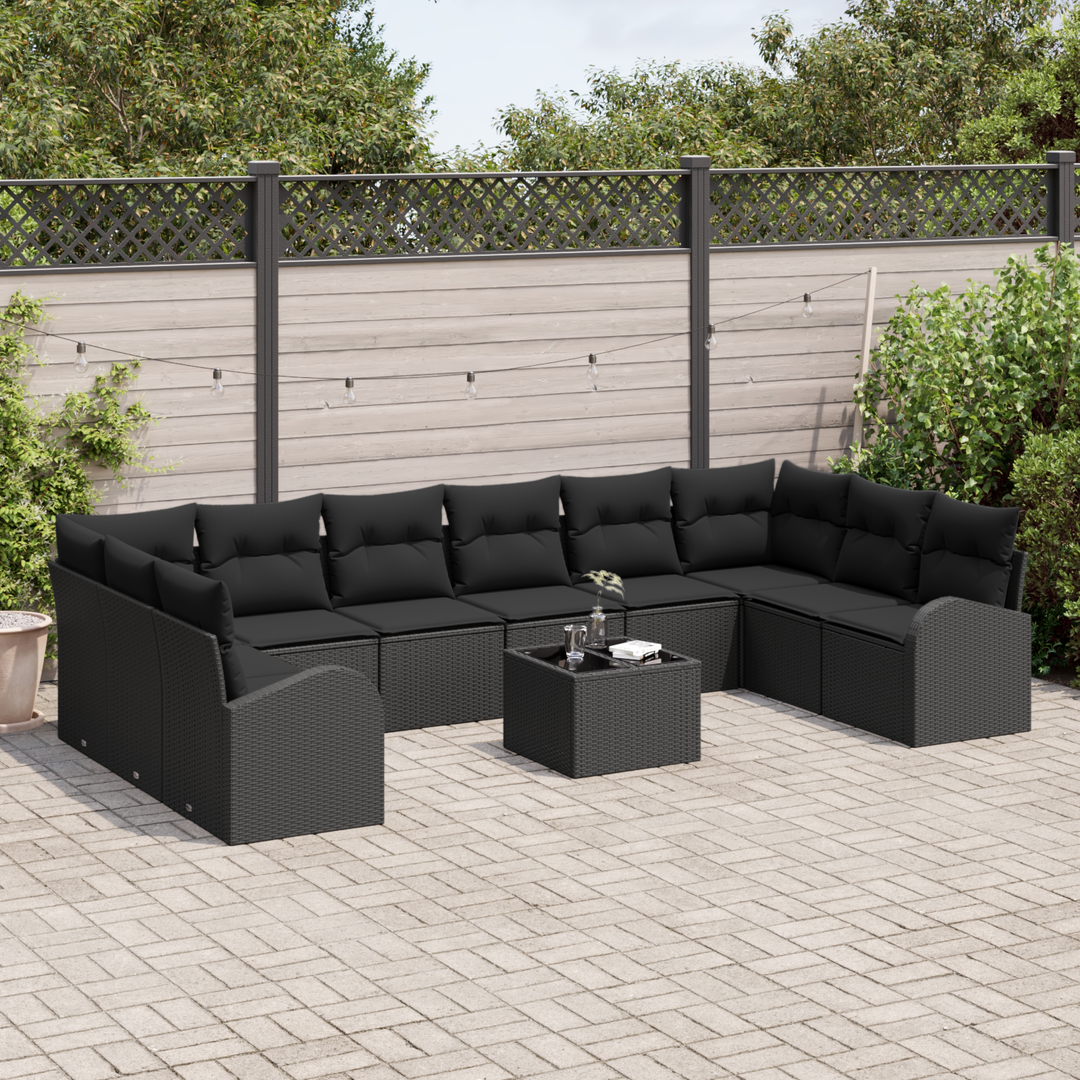 Havesofa Sæt med pude med opbevaring 11 pcs Sort polyrattan
