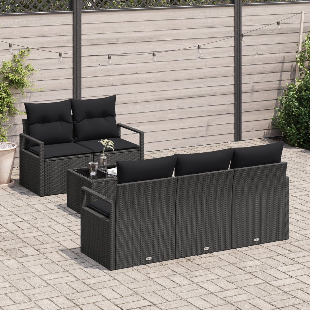 Havesofa Sæt med pude med opbevaring 6 pcs Sort polyrattan